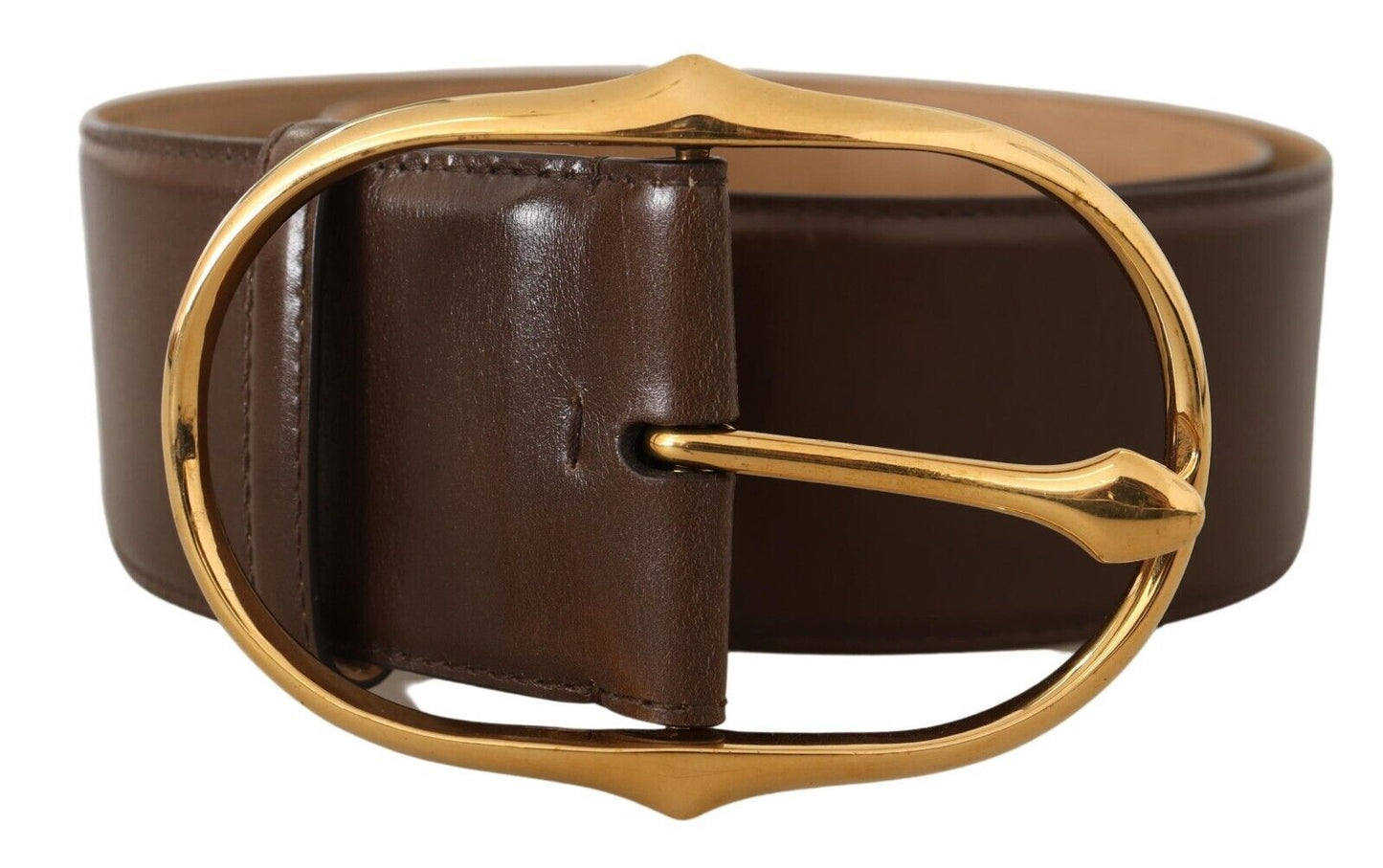 Brown Leather Gold Metal Oval Buckle Belt