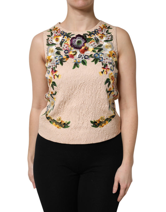 Beige Floral Embroidery Sleeveless Tank Top