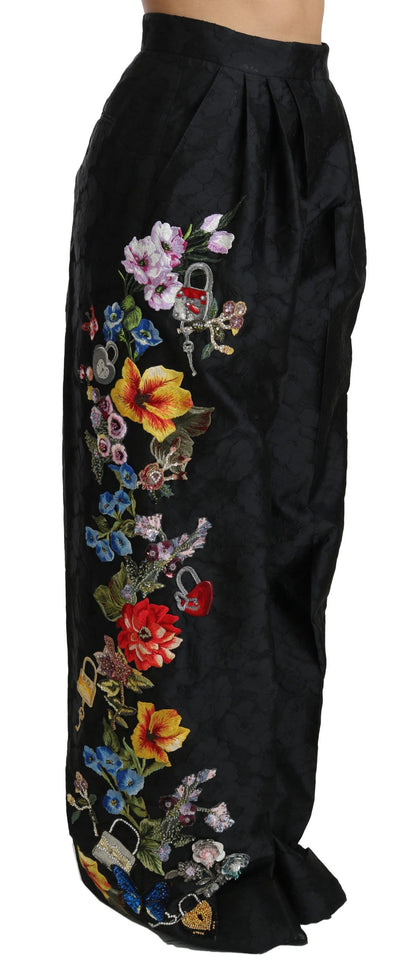 Black Brocade Floral Sequined Beaded Pants
