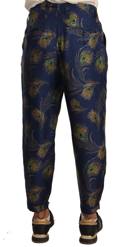Blue Peacock Print Tapered Trousers Silk Pants