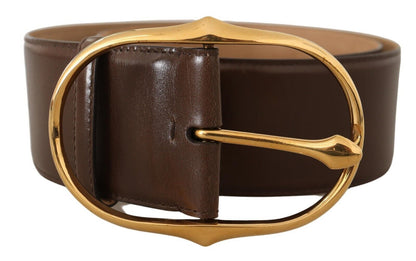 Brown Leather Gold Metal Oval Buckle Belt