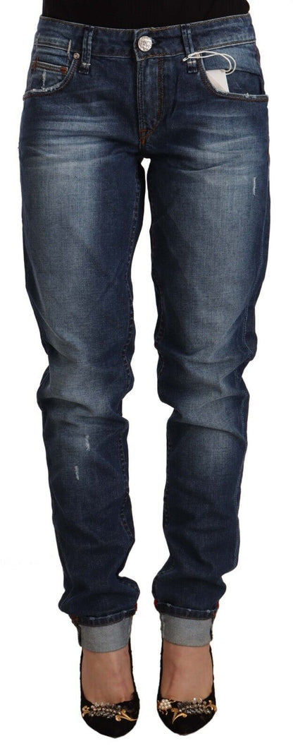 Blue Washed Mid Waist Slim Fit Denim Folded Hem Jeans