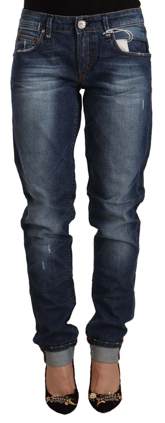 Blue Washed Mid Waist Slim Fit Denim Folded Hem Jeans