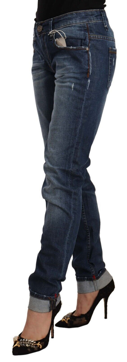 Blue Washed Mid Waist Slim Fit Denim Folded Hem Jeans