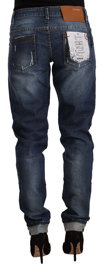 Blue Washed Mid Waist Slim Fit Denim Folded Hem Jeans