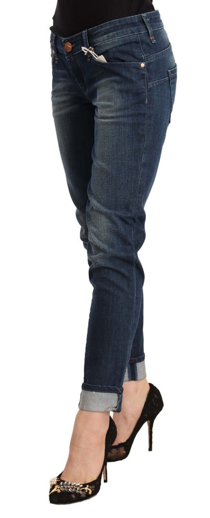 Blue Washed Low Waist Skinny Denim Folded Hem Jeans