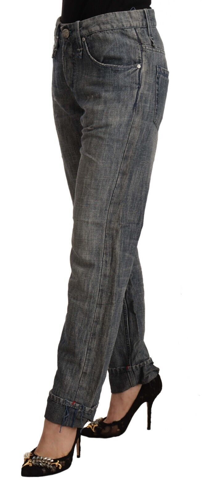 Gray Washed Ramie Straight Denim Folded Hem Jeans