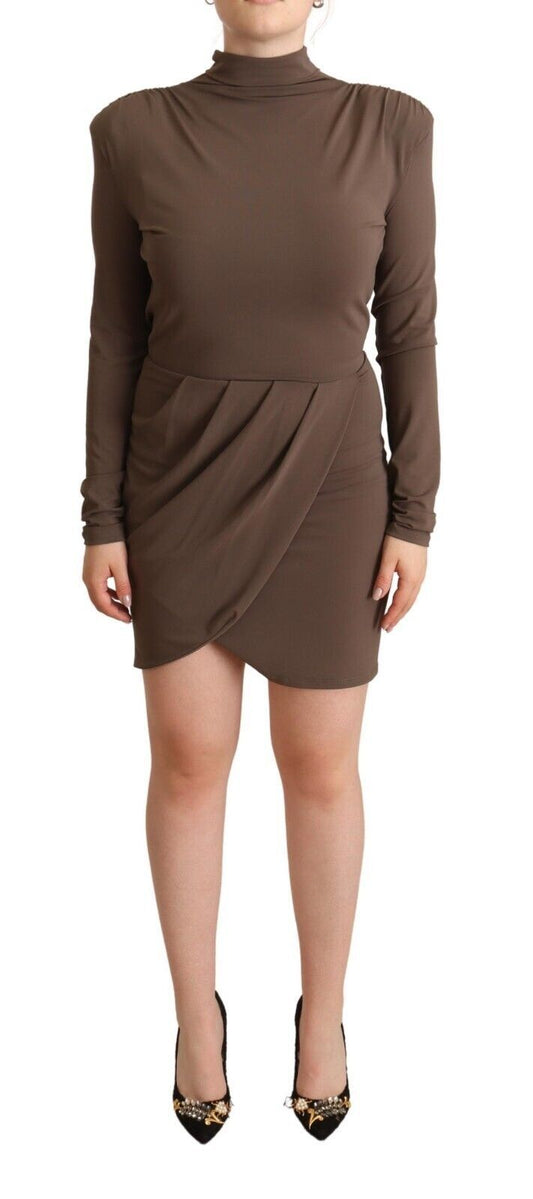 Brown Acetate Long Sleeves Turtle Neck Sheath Dress