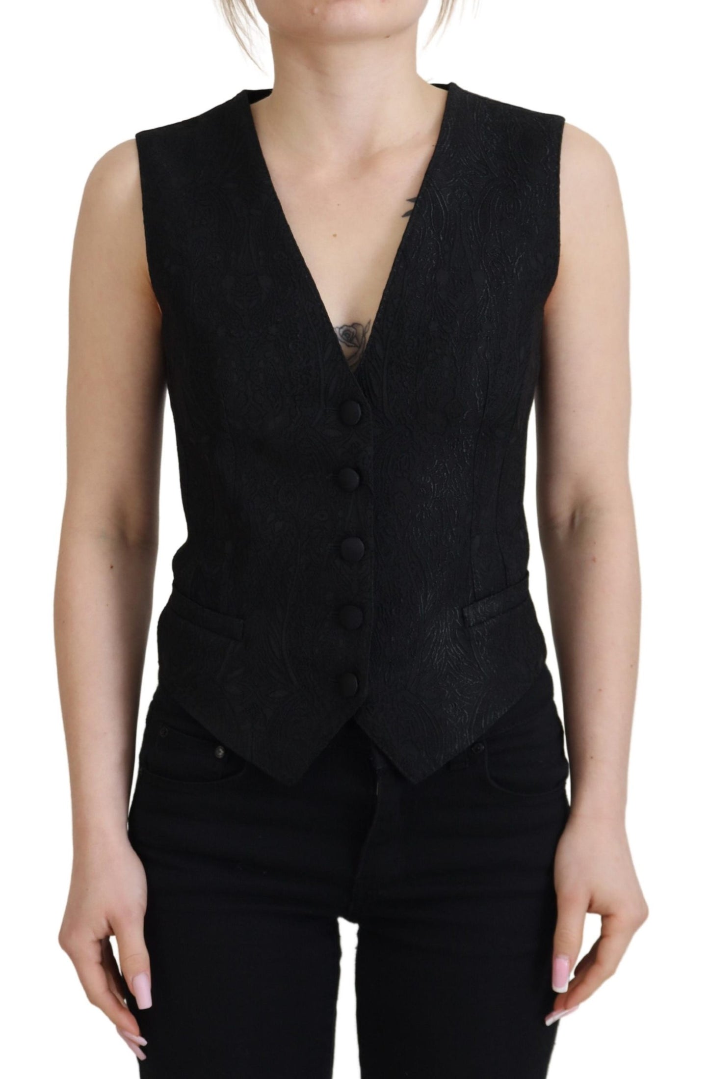 Black Brocade Button Down Sleeveless Vest Top