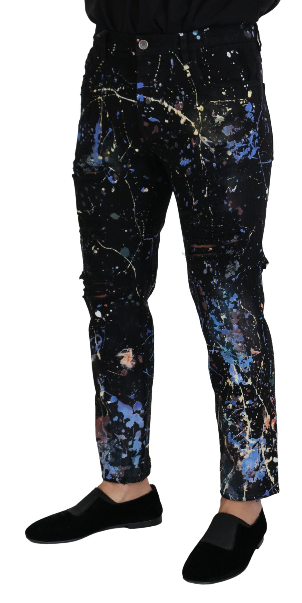 Black Cotton Color Splash Print Denim Jeans