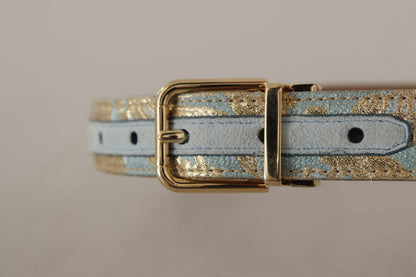 Blue Leather Jacquard Embossed Gold Metal Buckle Belt