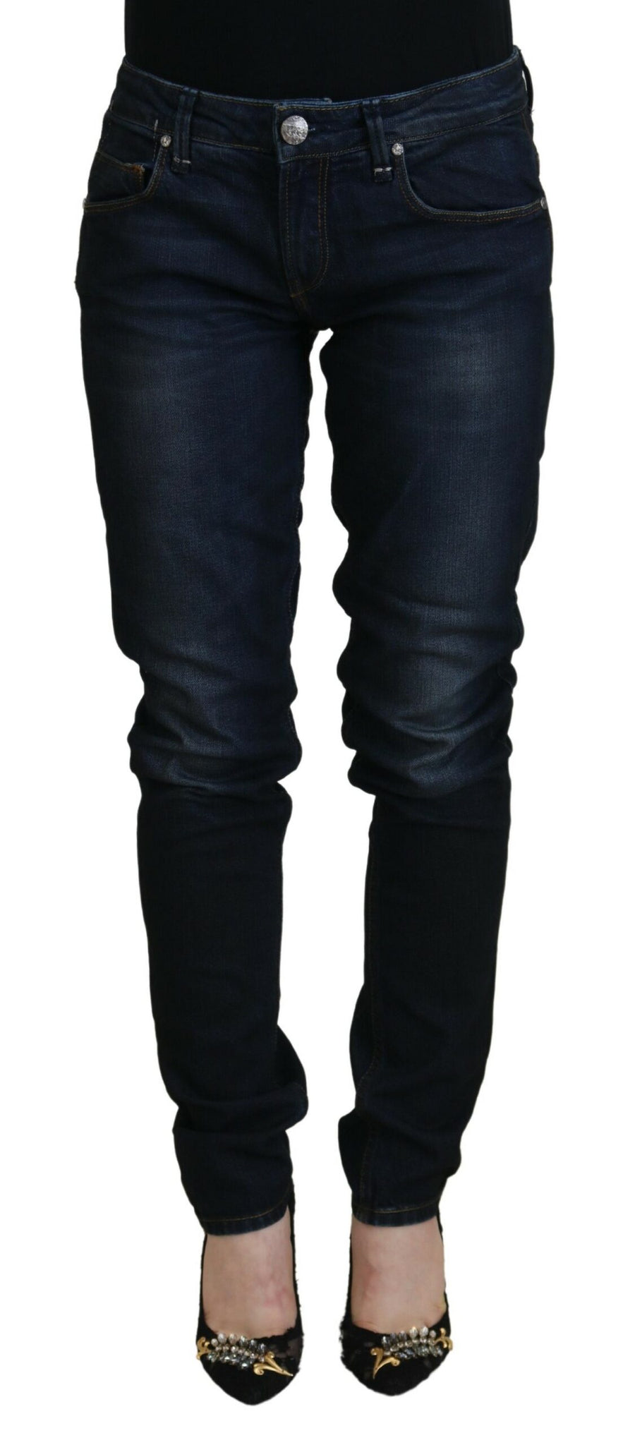 Blue Cotton Skinny Low Waist Women Casual Denim Jeans