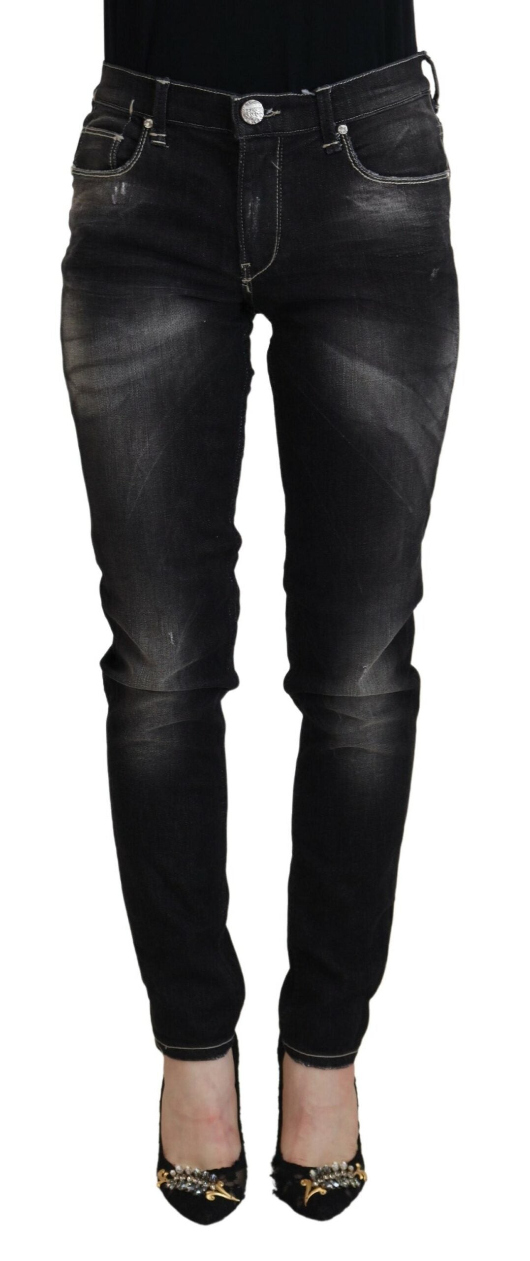 Black Washed Mid Waist Tapered Women Casual Denim Jeans