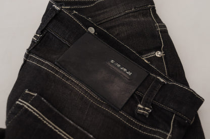 Black Washed Mid Waist Tapered Women Casual Denim Jeans