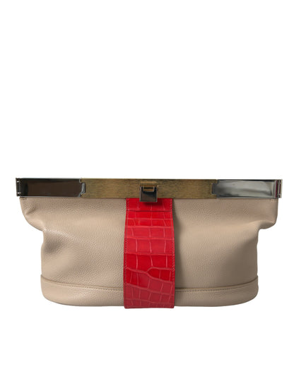 Beige Red Two Tone Exotic Leather Pouch Bag