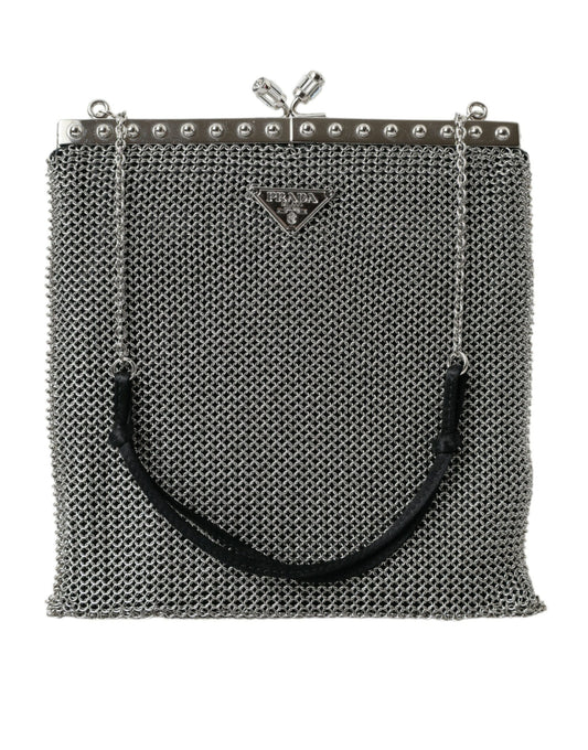 Gray Chain Metal Mesh Logo Plaque Bandoliera Shoulder Bag