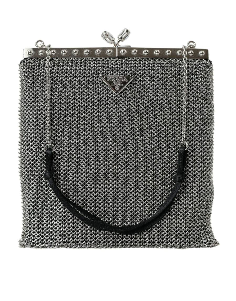 Gray Chain Metal Mesh Logo Plaque Bandoliera Shoulder Bag