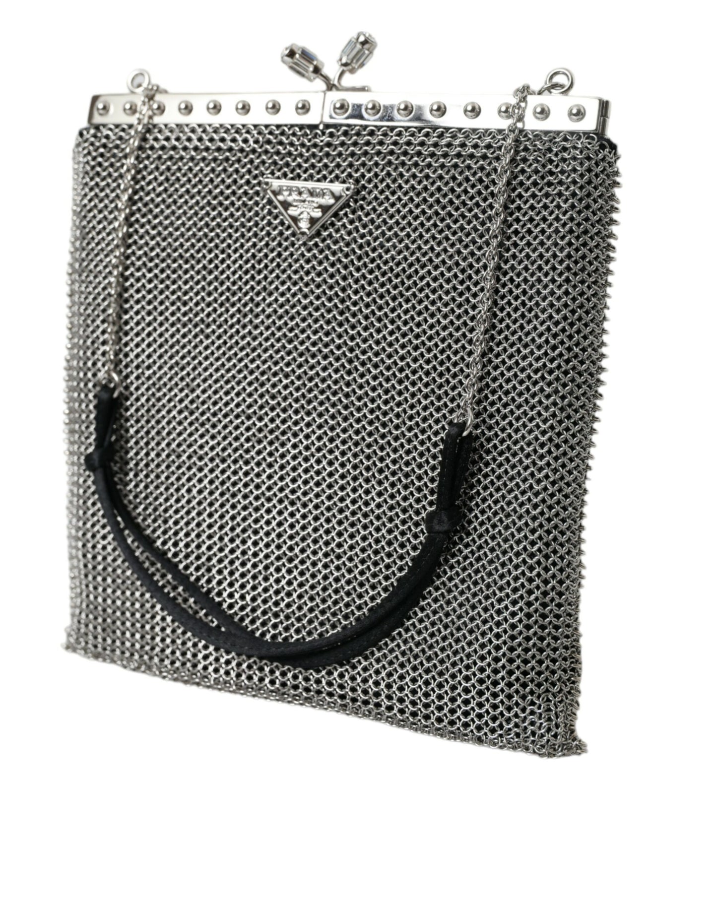 Gray Chain Metal Mesh Logo Plaque Bandoliera Shoulder Bag