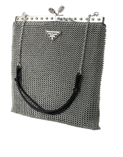 Gray Chain Metal Mesh Logo Plaque Bandoliera Shoulder Bag