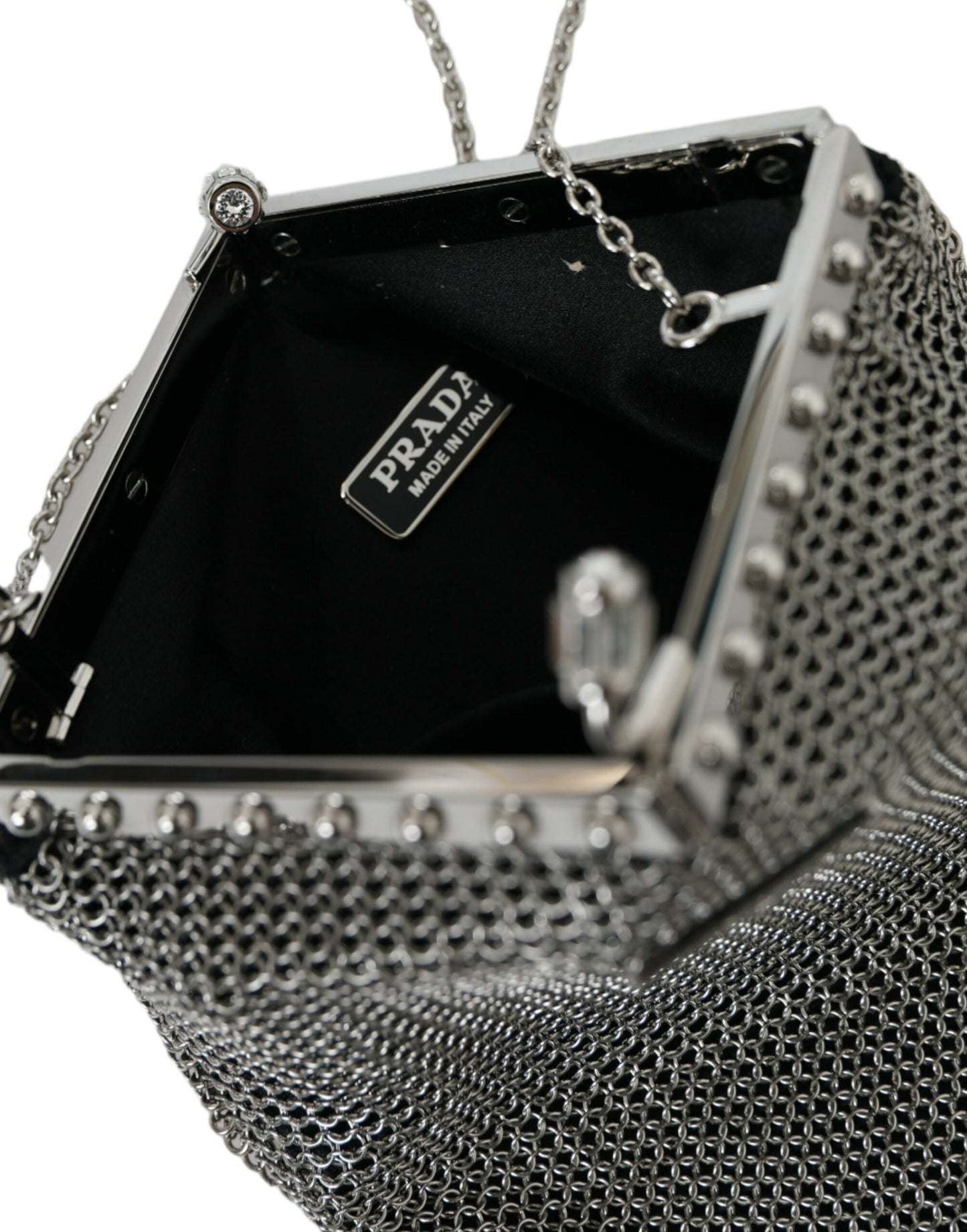Gray Chain Metal Mesh Logo Plaque Bandoliera Shoulder Bag