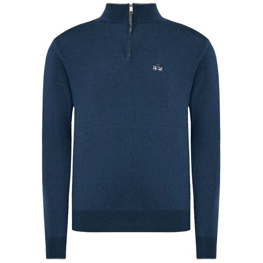 Blue Wool Men Sweater with Half Zip Closure
