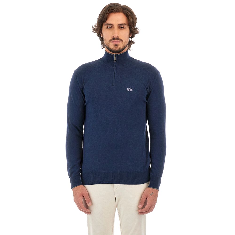 Blue Wool Men Sweater with Half Zip Closure