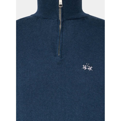 Blue Wool Men Sweater with Half Zip Closure