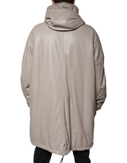 Beige Full Zip Hooded Long Sleeves Casual Coat Jacket