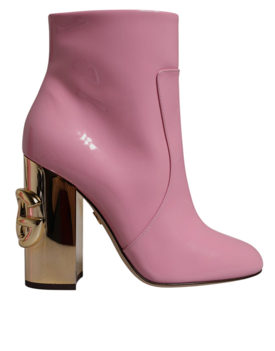 Pink Patent Leather Heel Mid Calf Boots Shoes