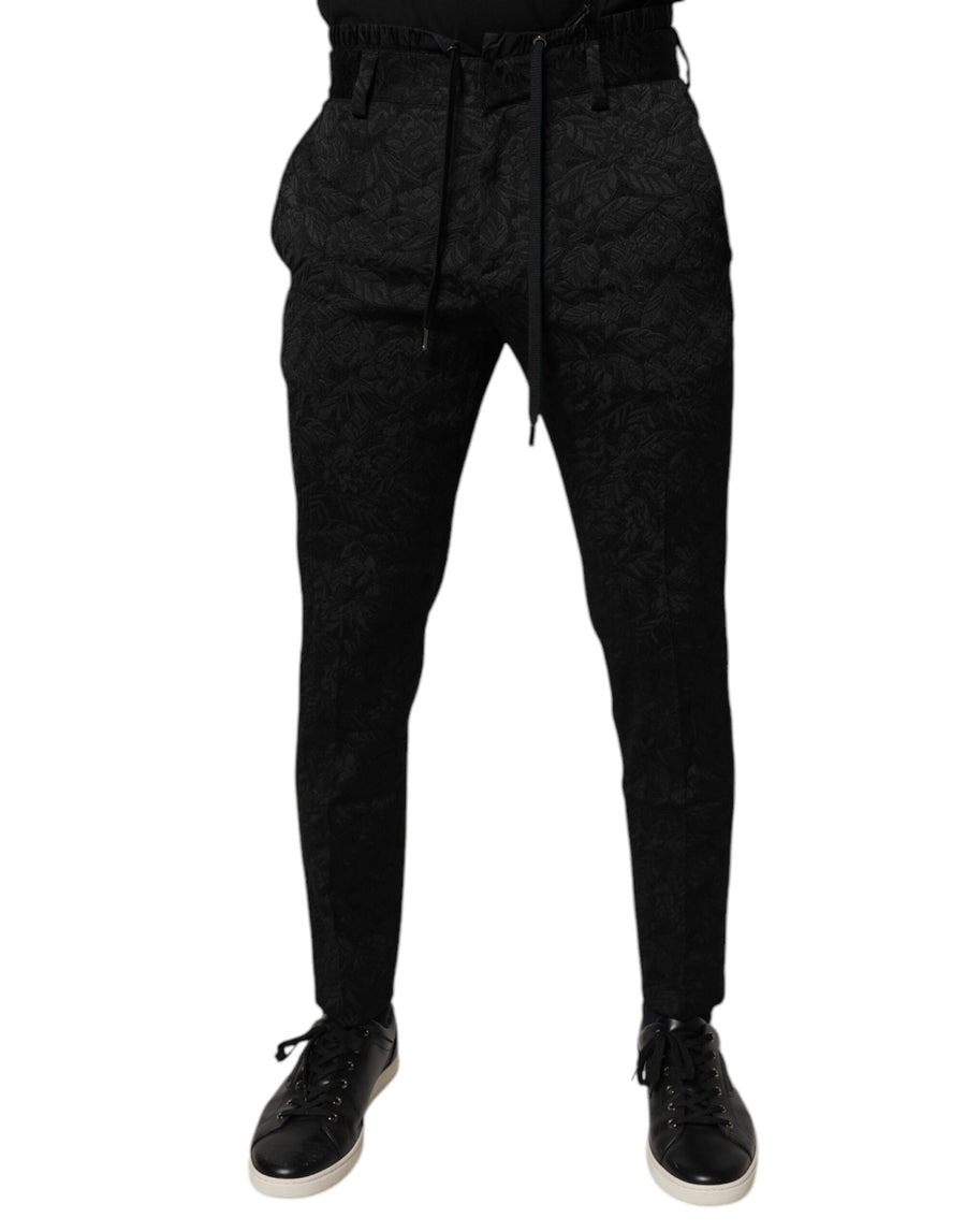 Black Brocade Polyester Skinny Dress Pants