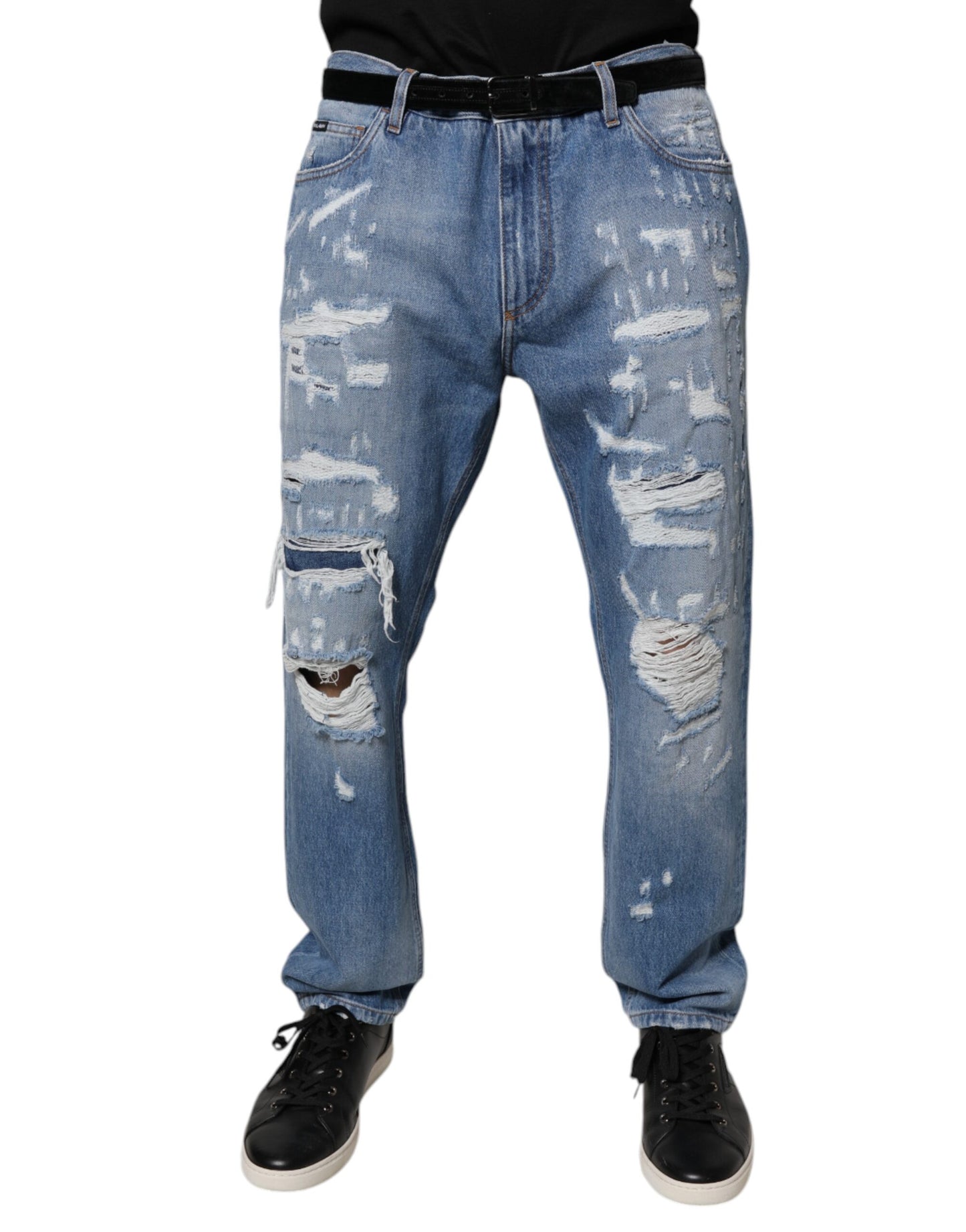 Blue Tattered Straight Cotton Denim Jeans