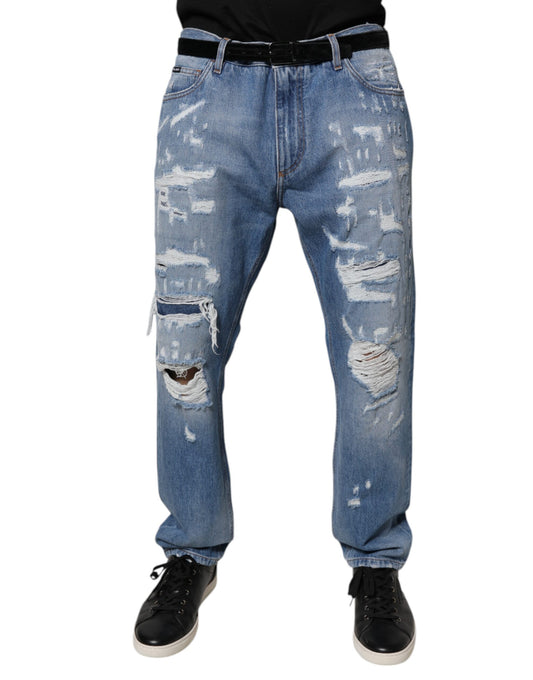 Blue Tattered Straight Cotton Denim Jeans