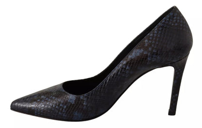 Black Snake Skin Leather Stiletto High Heels Pumps Shoes