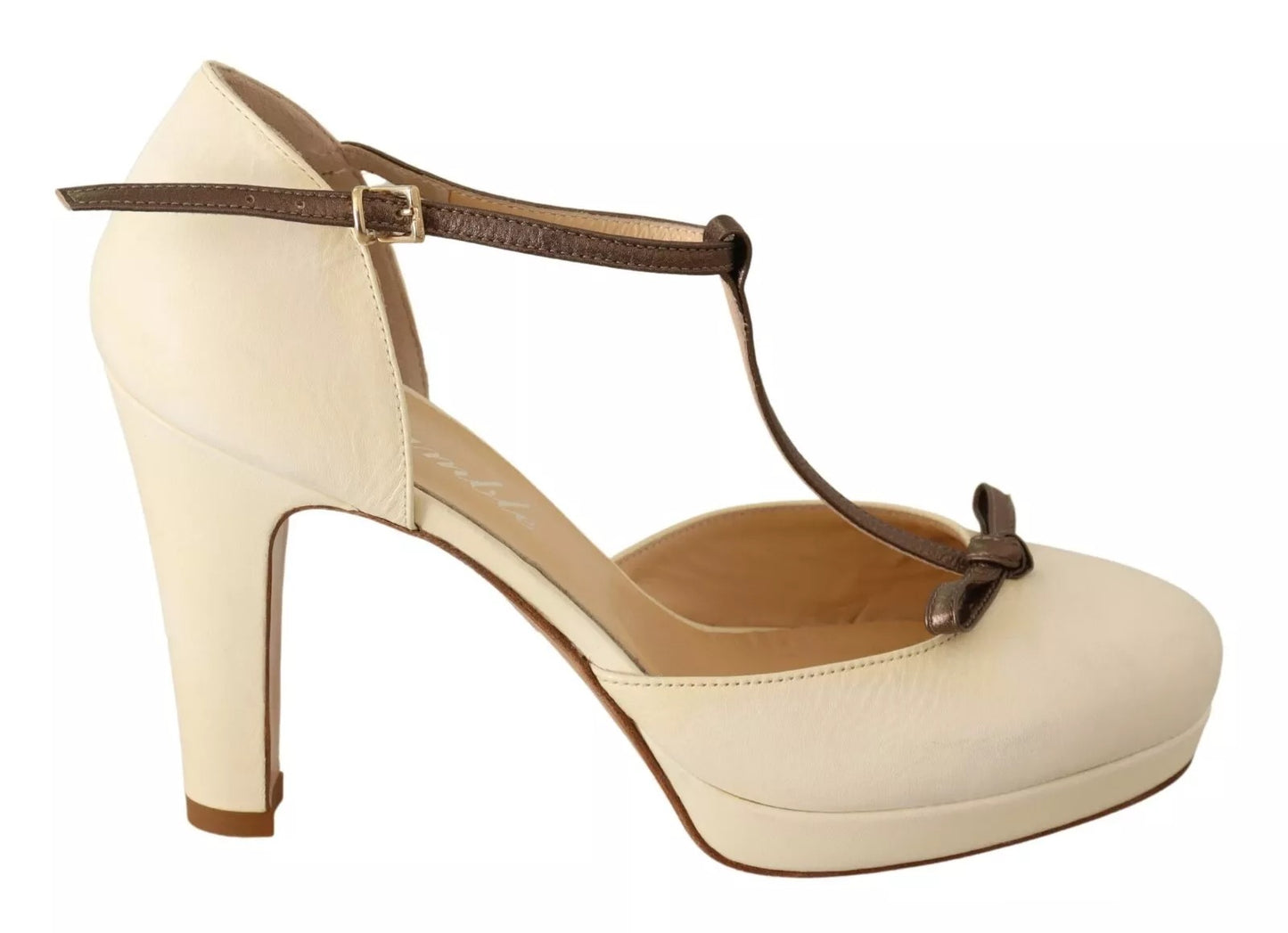 Beige T-Strap Block Heels Pumps Leather Shoes