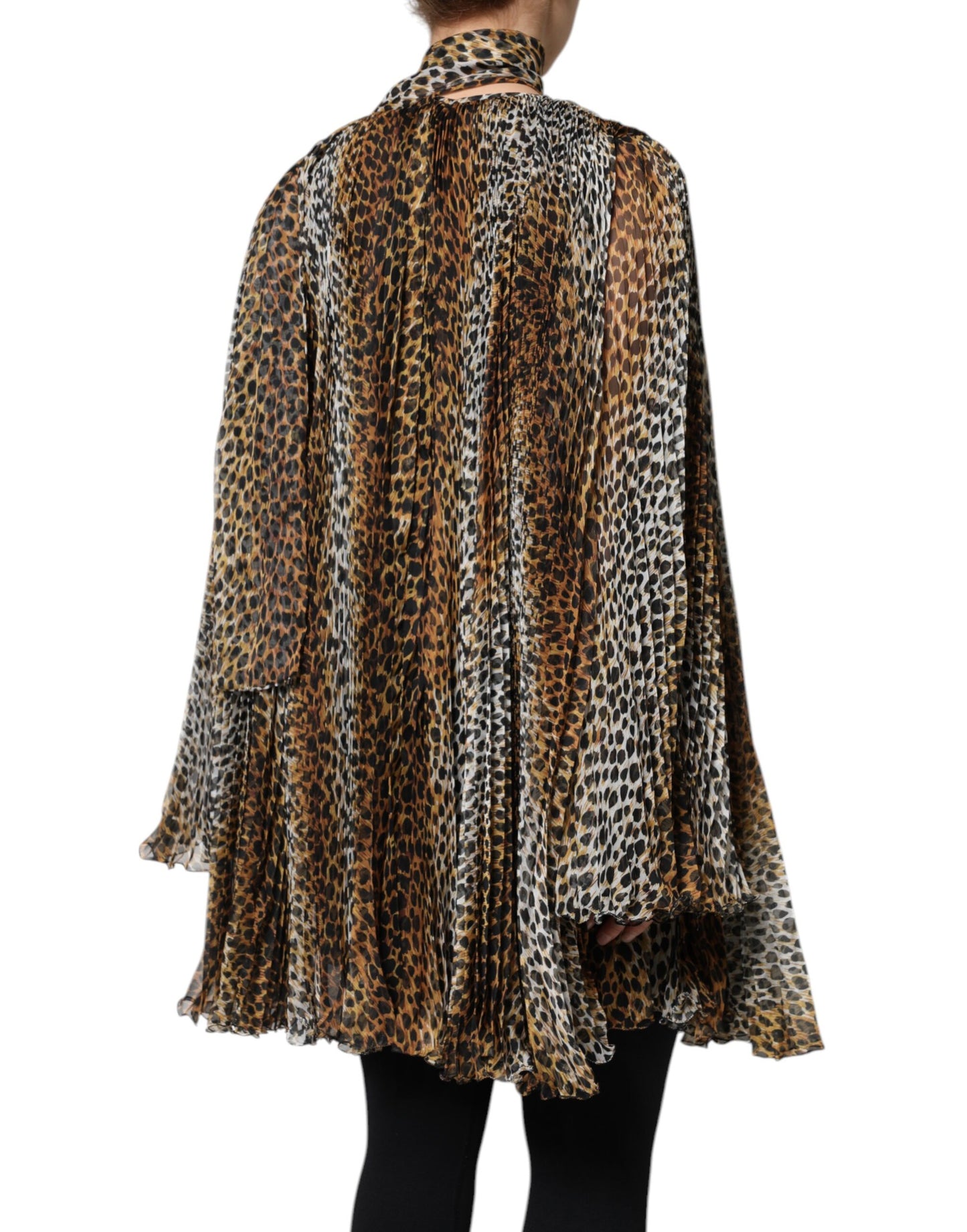 Brown Leopard Print Scarf Collared Chiffon Dress