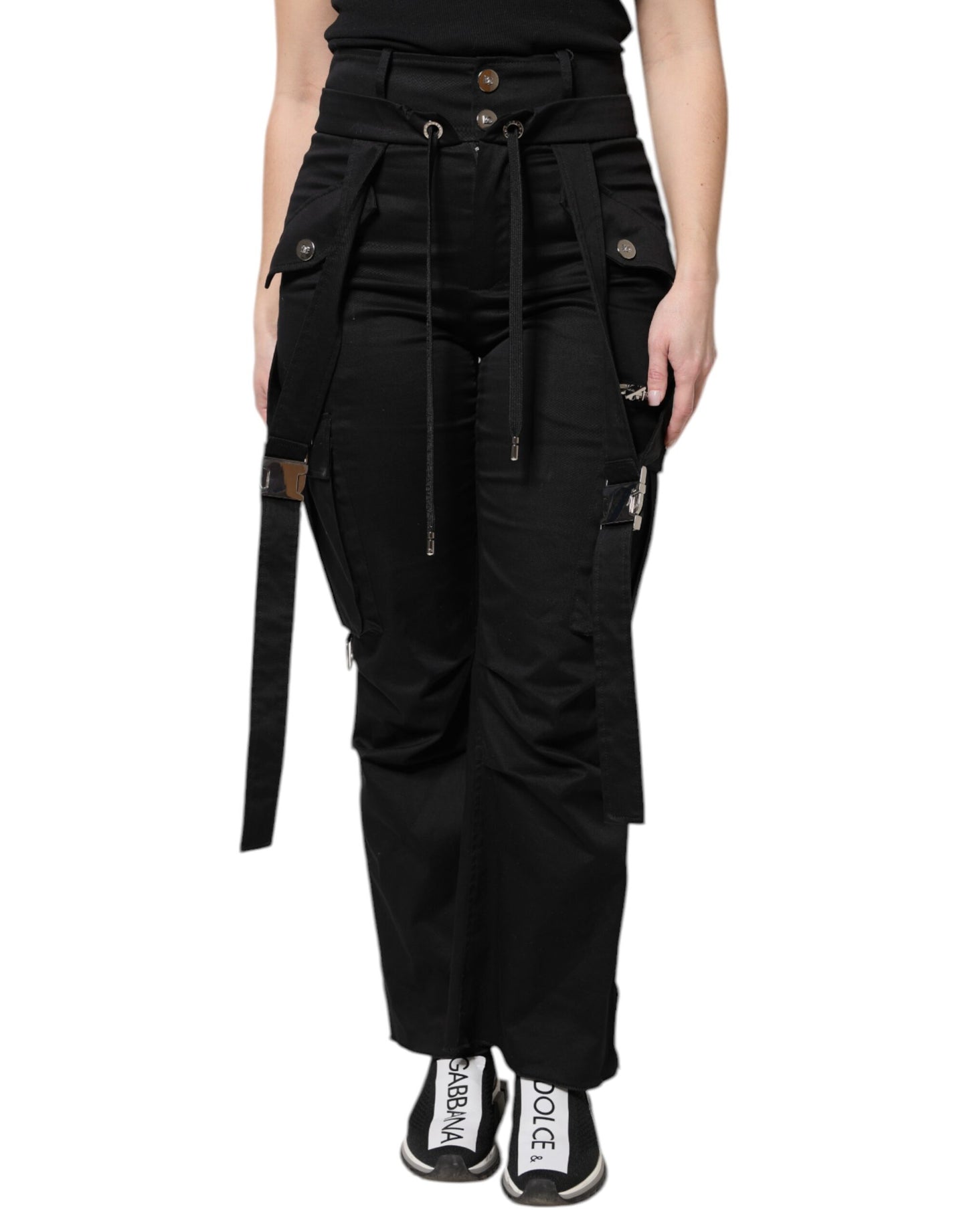 Black Cotton High Waist Cargo Pants