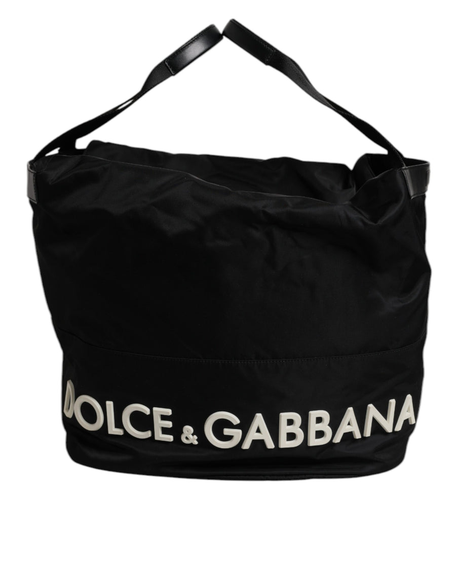 Black Nylon White Iconic Logo Shoulder Bucket Bag