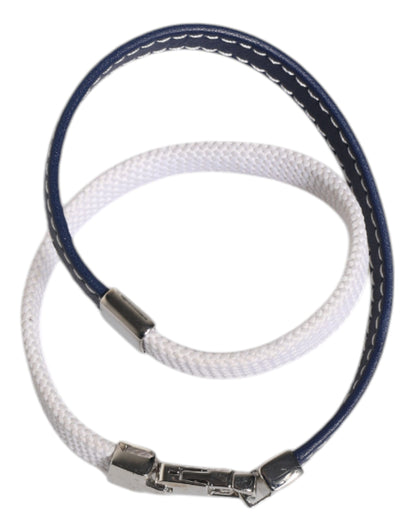 Blue White Leather Trimmed DG Engraved Silver Tone Clasp Bracelet