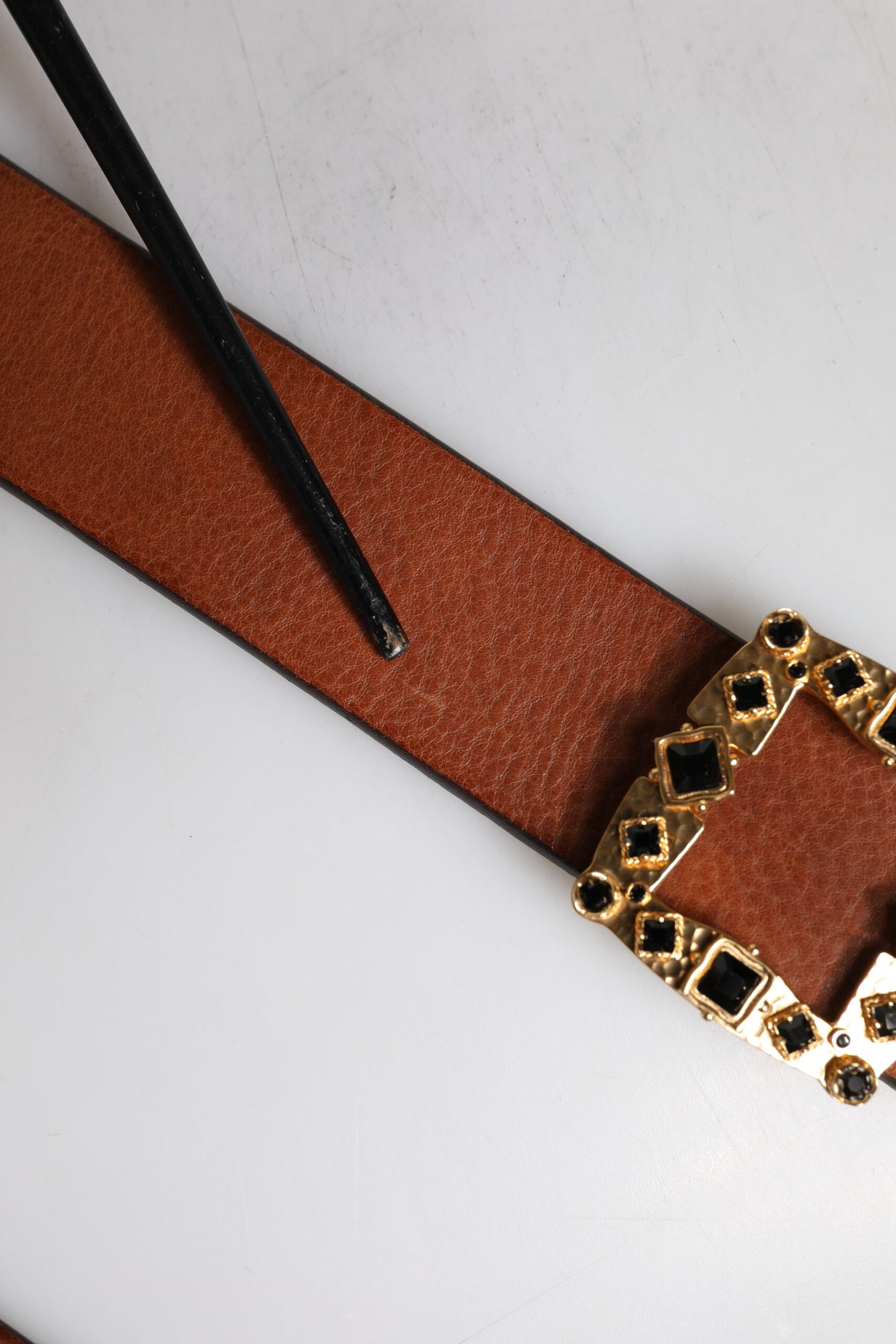 Brown Leather Gold Crystal Buckle Belt