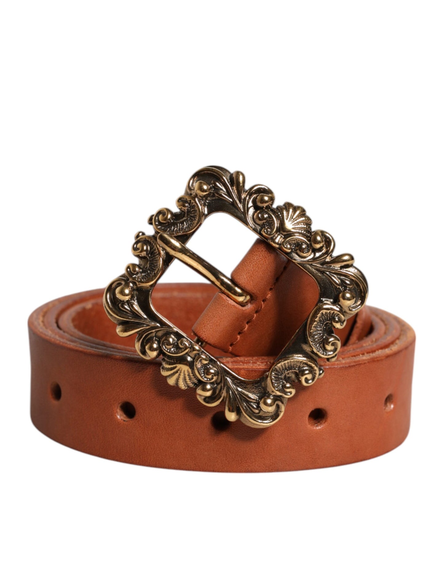Brown Leather Gold Metal Baroque Buckle Belt