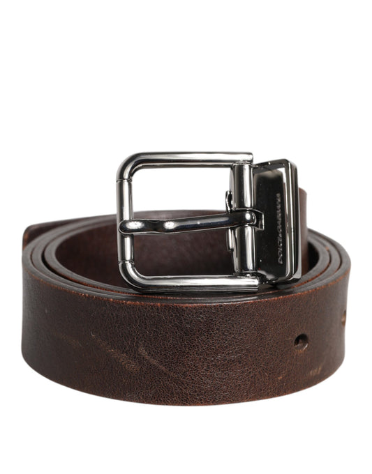 Brown Leather Classic Metal Logo Buckle Belt