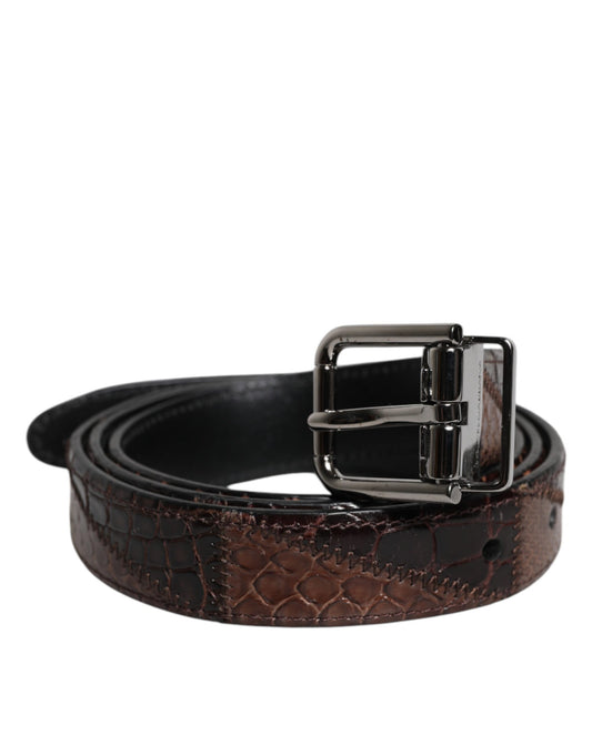 Brown Exotic Leather Metal Logo Buckle Belt