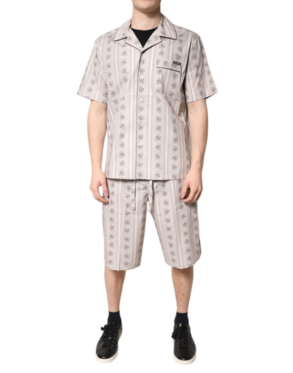 Beige Floral Print Cotton Men Pajama Set Sleepwear