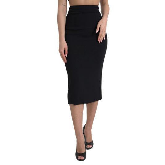Black Wool High Waist Pencil Cut Midi Skirt