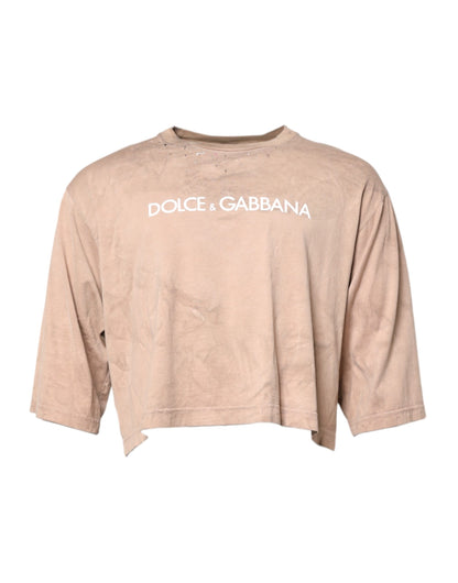 Beige Tie Dye Logo Print Cropped T-shirt