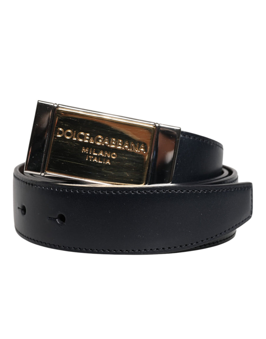 Black Blue Leather Gold Buckle Reversible Belt