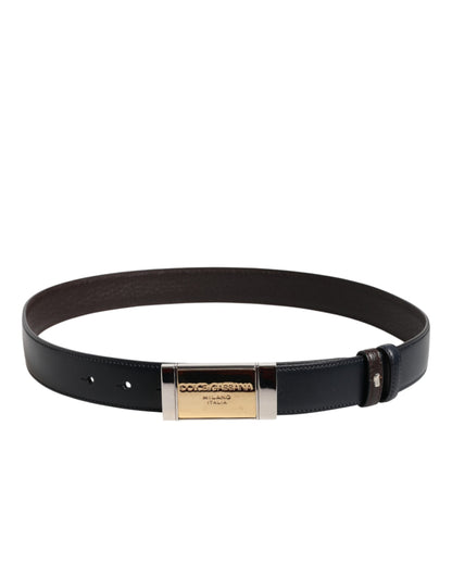 Black Blue Leather Gold Buckle Reversible Belt