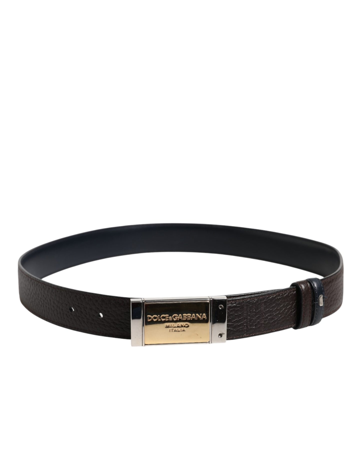 Black Blue Leather Gold Buckle Reversible Belt