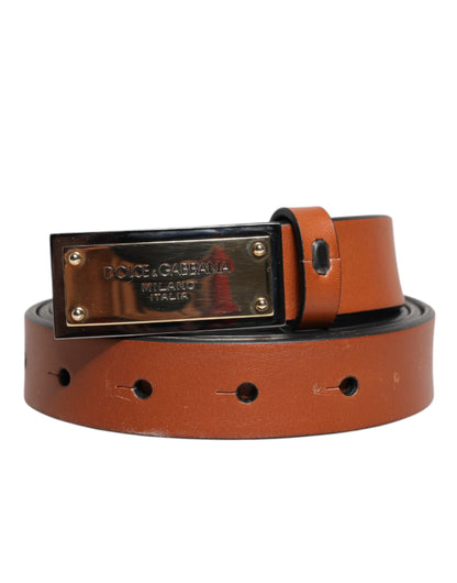 Brown Leather Gold Rectangle Buckle Belt