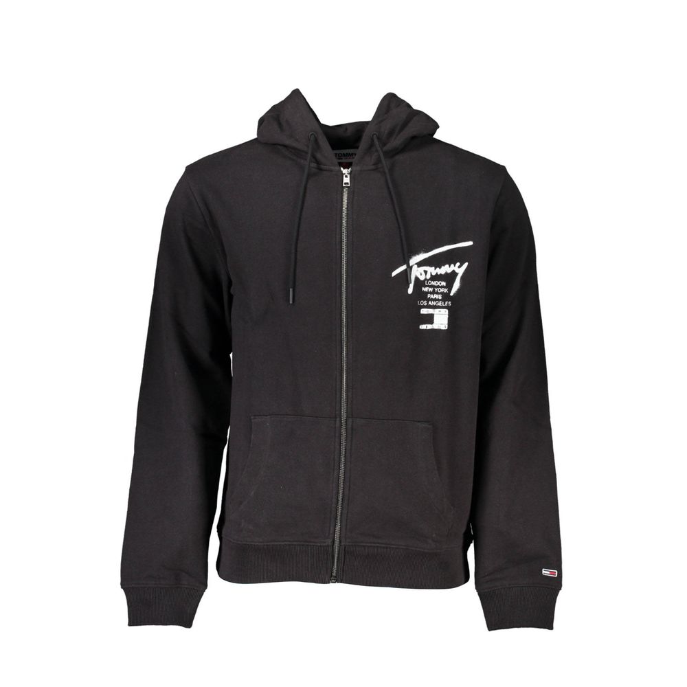 Black Cotton Men Sweater with Hood and Zip Pockets